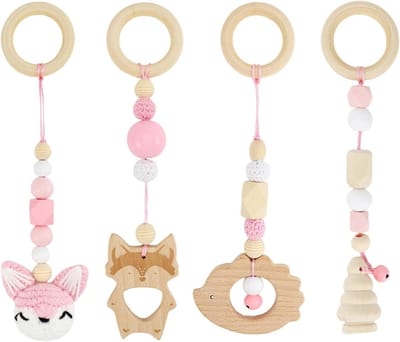 Speelboog voor Baby's vanaf 0 Maanden, 4-delige Set met Houten Speelgoed, Baby Gym, Hangspeelgoed voor Kinderwagen en Autostoel