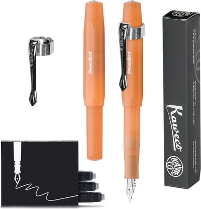 Kaweco  (3delig) - Vulpen FROSTED SPORT MANDARIN Fountain Pen - Breed - Nostalgic Octagonal Clip Chrome - Doosje Vullingen