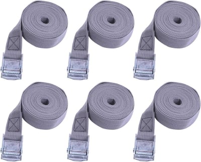 Set van 6 Ratchet Lashing Belts met Gespen voor Transport en Opslag, 25 mm x 3 m, Grijs/Beige, Ideaal voor Auto, Motor en Fiets