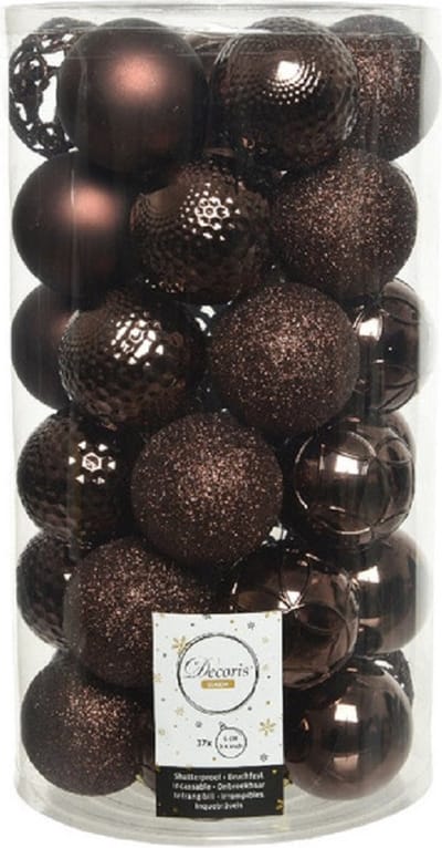 Decoris Kerstballenmix - 37 stuks - 6cm - Kunststof - Donkerbruin