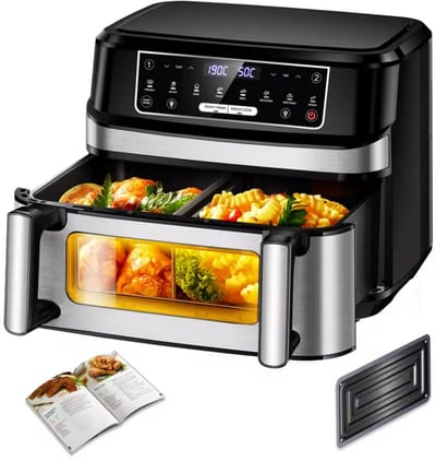 Airfryer Dubbel 12 Liter XXL – Dual Zone – Smart Finish – Match Cook – 8 Automatische Programma's – Met Kijkvenster – Zwart