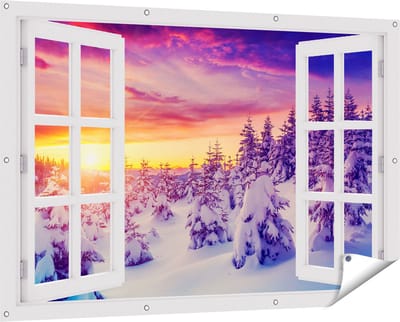 Gards Tuinposter Doorkijk Zonsondergang in het Sneeuw Bos - 150x100 cm - Tuindoek - Tuindecoratie - Wanddecoratie buiten - Tuinschilderij