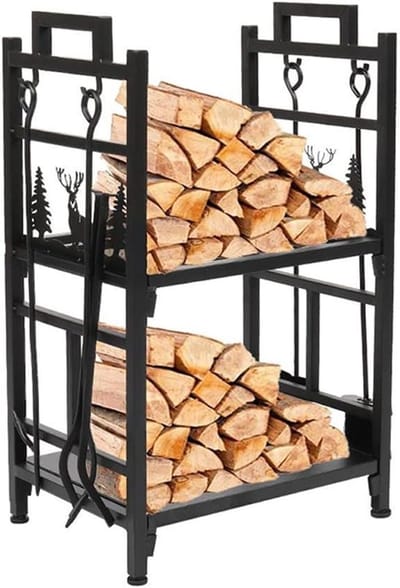 Brandhout Opbergrek - Hout Opslag - Haard Hout Opslag - Vloer tot Plafond - 45x32x76cm - Zwart