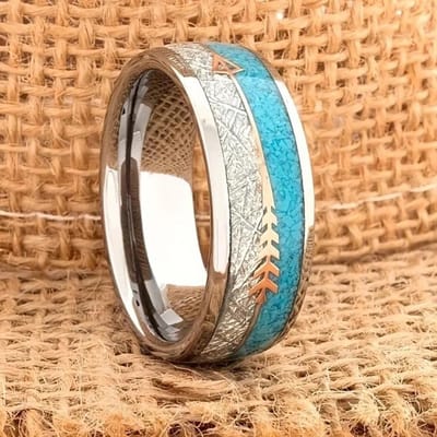 Mode Mannen Koperkleur Roestvrij Staal Pijl Ringen Vintage Meteorieten en Blauwe Turkoois Ringen Voor Mannen Bruiloftsband Sieraden 13 white