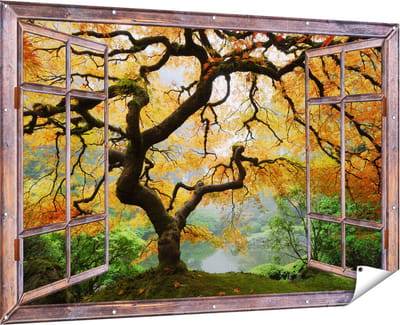 Gards Tuinposter Doorkijk Oude Knoestige Boom - 180x120 cm - Tuindoek - Tuindecoratie - Wanddecoratie buiten - Tuinschilderij