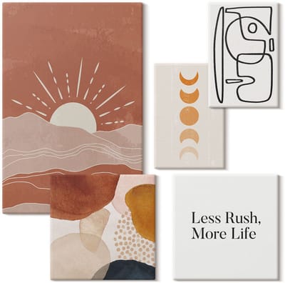 Wallfluent Set van canvas schilderijen - Stijlvolle graphics met abstracte vormen en de zon Canvas Schilderijen Set - Set van 5 Canvas Schilderijen - Bruin Set van Canvas Prints - Abstractie Canvas Kunst Set - Boheemse Canvas Kunst Set