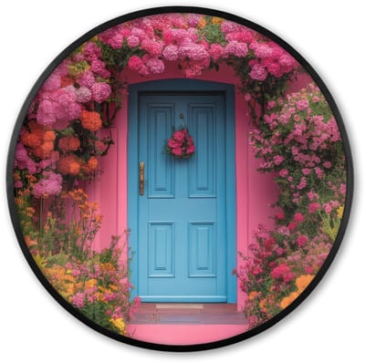 Poster in lijst Rond - Fotolijst 60x60 cm - Posters - Bloemen - Deur - Roze - Ronde posterlijst zwart - Decoratie - Wanddecoratie woonkamer - Muurdecoratie slaapkamer