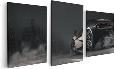 Artaza Canvas Schilderij Drieluik Zwarte Sportwagen Auto Nabij Een Stad - 120x60 cm - Wanddecoratie Woonkamer - Schilderijen - Muurdecoratie
