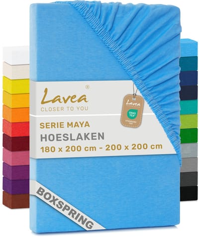 Lavea® Hoeslaken 180x200cm 100% Katoen – Hoge Hoek 35 cm voor Dikke Matrassen – met Elastiek Rondom in Jersey – voor Boxspring – Hemelsblauw
