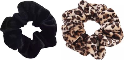 Scrunchie 2 stuks Velvet Extra Vol en Luxe - haarelastiek haarwokkel scrunchies - zwart - panterprint bruintinten - Kraagjeskopen.nl