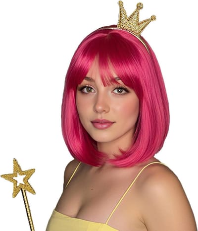 Korte Sintetische Roze Bobperruque voor Vrouwen van 30 cm met Pony voor Rollenspel en Carnavalskleding
