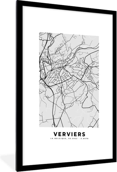 Fotolijst incl. Poster Zwart Wit- België – Verviers – Stadskaart – Kaart – Zwart Wit – Plattegrond - 60x90 cm - Posterlijst