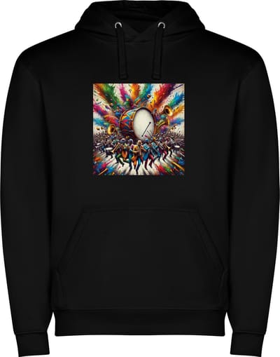 Zwarte unisex hoodie met “ Kleurrijke Brass Band – Muziek – Amerikaans – Feest “ Print Full Color Color merk Roly maat S