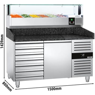 GGM Gastro Pizzakühltisch PREMIUM - 1500x800mm - mit 1 Tür & 7 Schubladen - inkl. Kühlaufsatzvitrine LED - 5x GN 1/3 + 1x GN 1/2 Zilver
