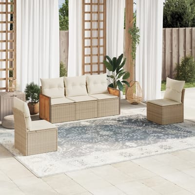 vidaXL - 5-delige - Loungeset - met - kussens - poly - rattan - beige