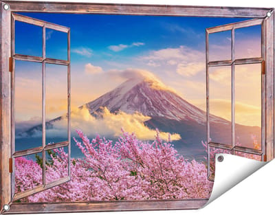 Gards Tuinposter Doorkijk Fuji Berg met Roze Bloesembomen - Bloemen - 90x60 cm - Tuindoek - Tuindecoratie - Wanddecoratie buiten - Tuinschilderij