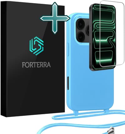 Hoesje Geschikt voor iPhone 17 Pro Case Siliconen Hoes Met Koord Met Screenprotector - Hoes Geschikt voor iPhone 17 Pro Met Telefoonkoord Hoesje Backcover - Lichtblauw