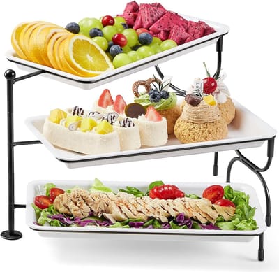 Famanu – 3-laags plastic serveerbladen 30x17 cm - herbruikbaar - buffet - fruitschalen - groenten - snacks - wit - duurzaam en gemakkelijk schoon te maken