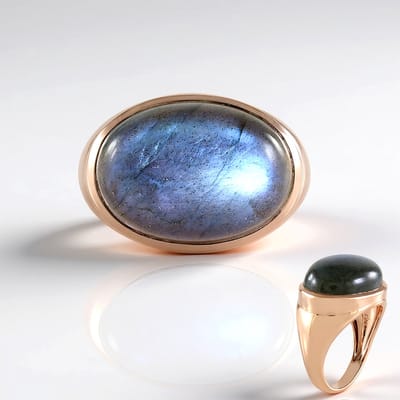 Cavill - Ring 12,15 krt Groene Minary Labradoriet - 925 Zilver Roségoud Verguld - Ovale Cabochon Madagaskar - Modern & Elegant