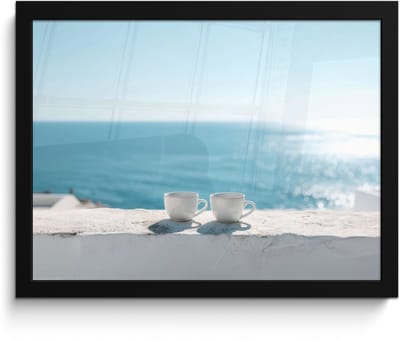 Poster in lijst - Fotolijst 40x30 cm - Posters - Zee - Koffiekopjes - Zomers - Posterlijst zwart - Decoratie - Wanddecoratie woonkamer - Muurdecoratie slaapkamer