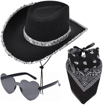 Aomig 3-delige cowboyhoed, accessoire voor verkleedkleding, zwarte cowboykostuumset met paisleybandana en bril, western cowboykostuum voor verjaardag, Halloween, vrijgezellenfeest