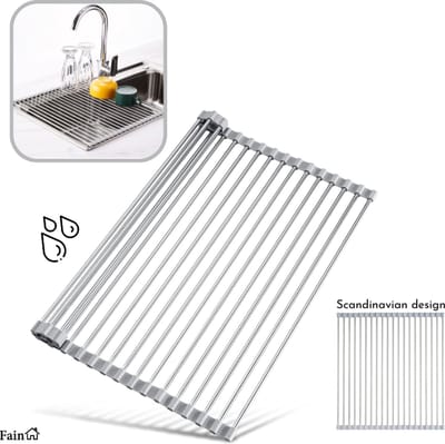 Fain® Luxe afdruiprek – Pannenonderzetter hittenbestendig – Grijs met RVS – 45 x 35 cm – Afkoelrooster – Afdruiprek voor boven gootsteen – Afdruiprek oprolbaar – Afdruipmat – Afdruiprooster - Afdruiprek metaal