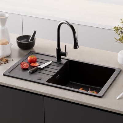 CECIPA max Spoelbak Keuken 78x45cm Antraciet - Granieten Spoelbak Met Keukenkraan - Spoelbakken met Afdruip - Enkele Spoelbak Met Afdruiprek - Antraciet