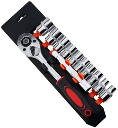 Dopsleutelset 12 delig 1/2" met omkeerbare ratel en 1/2" adapterverlenging