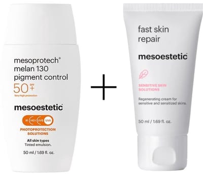 Mesoestetic Melan 130 Pigment control SPF50 + Mesoestetic Fast Skin Repair – Pigment Control & Repair Set – Tegen Pigmentvlekken
