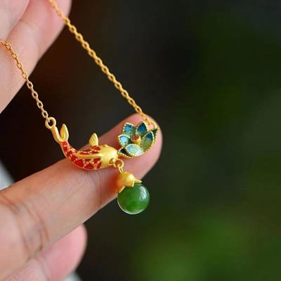 Natuurlijke An Jade Kettingen Emaille Visvormige Lotus Oud Goud Ambacht Hanger Lichte Luxe Chinese Stijl Retro Charme Sieraden brown