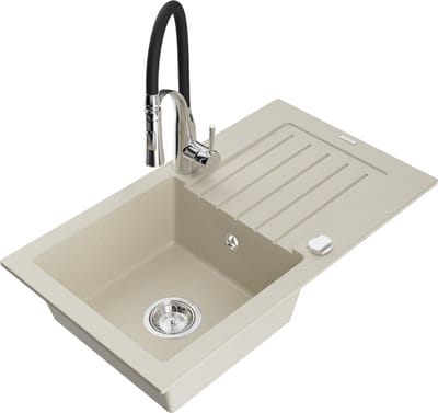 Mexen Pablo granieten gootsteen 1-kompartment met afdruiprek en keukenmengkraan Aster, beige - 6510-69-73450-07