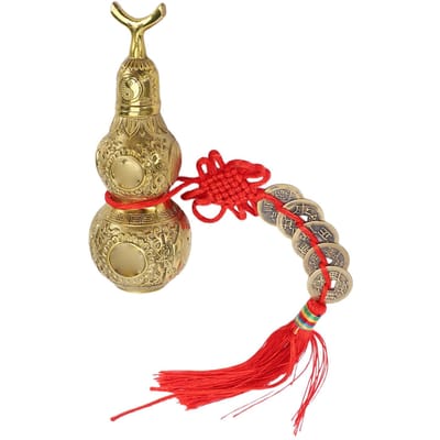 Ornement Feng Shui Gourde en Laiton Wu Lou Fait Main Objet de Collection avec 5 Pièces Chinoises pour la Richesse la Santé la Chance Maison Bureau