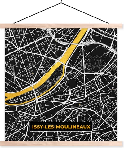 Posterhanger incl. Poster 40x40 cm - Schoolplaat - Plattegrond – Issy-les-Moulineaux – Stadskaart – Kaart – Frankrijk - Textielposter - Blanke latten - Stadskaart