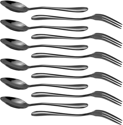 Dailygoods- Dessertvorken Set van 12 - Roestvrij Staal - Mini-Voorgerechtvorken - Saladevork - Theelepels - Ergonomisch Ontwerp - Zwart - Bestekset