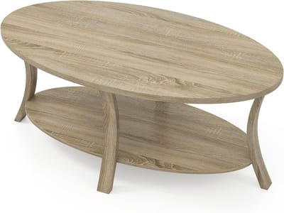 Ovale salontafel - Woonkamertafel - Opbergen en decoreren - Twee opbergniveaus - 111 x 61 x 47 cm - Eiken