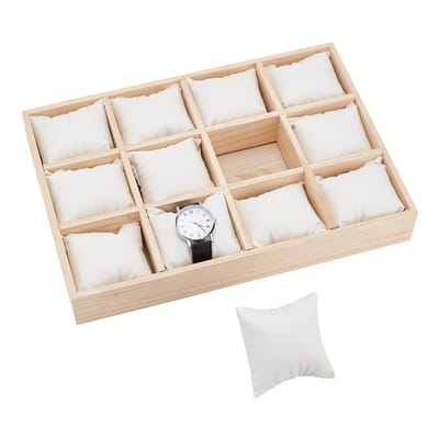 Dailygoods- Horloge-Organizer met 12 Sleuven - Houten Houder - PU Lederen Kussens - Stapelbare Sieraden Organizer - Opberglade - Wit, 35,1x24,1x5 cm - Sieradenorganizer