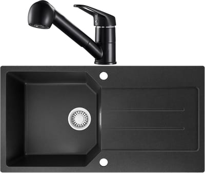Anycee max Granieten Spoelbak 86x45CM - Spoelbakken Keuken Met Keukenkraan - Spoelbak Met Planchet en Afdruiprek - Spoelbakken Incl. Sifon en Afvoerzeefje - Zwart