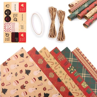 Kerstcadeau inpakpapier, 12 vellen, 70 x 50 cm, gerecycled, feestelijk inpakken, duurzaam, kerstdecoratie