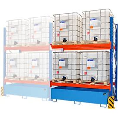 BAUER milieu-opzetrek UR-A 2200-2, palletrek, B 2300 x D 1300 x H 3000 mm, voor max. 4 IBC's, opvangbak 1000 l, lichtblauw/verkeersblauw/puur oranje