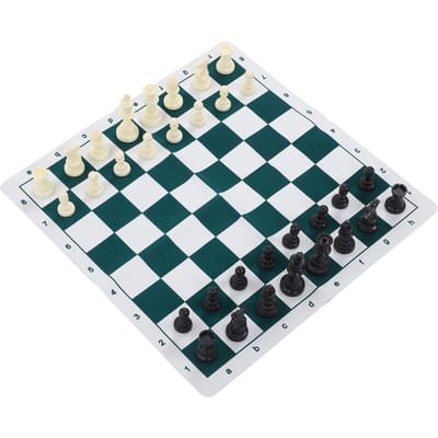 Jeu d'Échecs Set d'Échecs en Plastique Jeu de Société de Bureau avec Plateau en Cuir Artificiel 50x50cm pour Fête Camping Détente white