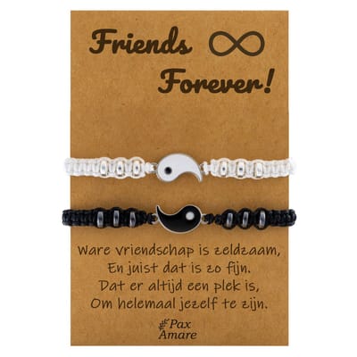 Vriendschapsarmbandjes voor 2 "Friends Forever" - Yin Yang - BFF Armbandjes met Cadeau Kaartje - Zwart & Wit - Elastisch Verstelbaar - Pax Amare