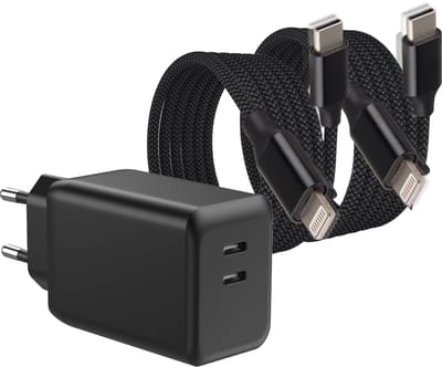 Usb c oplader geschikt voor iPhone 14 13 12 11 X Xr Xs + Lightning naar usb-C kabel - 1 meter - 45 watt - 2 poorten - Snellader - Tegelijk opladen - Set