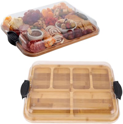 Dailygoods- Charcuterieplank Bamboe - Houten Snijplank - 6 Compartimenten - Draagbaar - Dubbelzijdig Ontwerp - Elegante Toets - Kaasplank