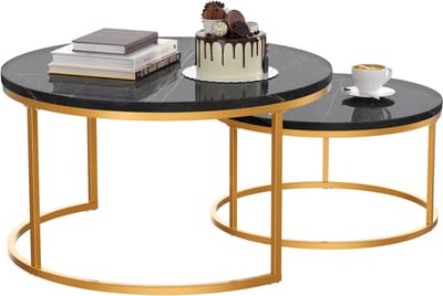 REDOM Salontafel Set van 2 – Ronde Salontafel – Moderne Woonkamer Tafel – Nesting Design – Stevig Metalen Frame – Ruimtebesparend – Zwart/Goud