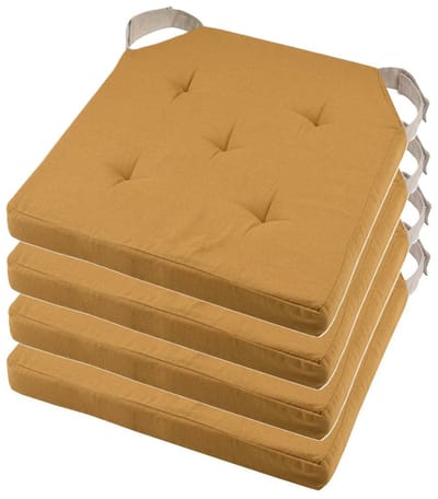 Stof Textile stoelkussen DUO - 4x - okergeel - 38 x 38 x 4 cm - klittenband sluiting - zitkussens - binnen/buiten