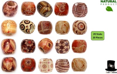 Bob Online ™ - 20 Stuks – Mixed Setje - Bedrukte Houten Kralen 16mm * 17mm met ca. gaatje diameter 8mm – 20 Pcs Printed Wooden Beads 16 x 17mm with threading hole diameter ±8mm – Houten Hobby Kralen – Haarkralen voor vlechten – Hair Braiding Beads