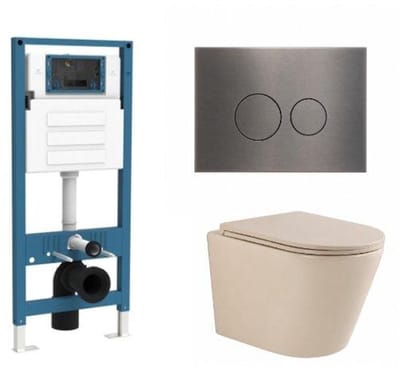 QeramiQ Dely Toiletset - inbouwreservoir Qeramiq Flush - slim zitting - metaal gunmetal bedieningsplaat - ronde knoppen - beige