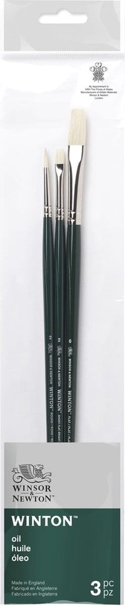 Winsor & Newton 5990609 Winton Oliepenselen Set – 3 Lange Penselen voor Olieverf (Rond & Flat / Varkenshaar - Rond 2, Short Flat Bright 2, Plat 6)