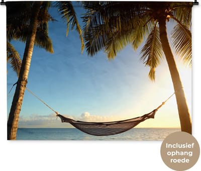 Wandkleed - Wanddoek - Strand - Hangmat - Palmbomen - 150x112 cm - Wandtapijt