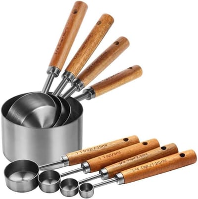 Famanu - Maatlepel en maatbekerset 8-delig RVS met houten handvat, hoogwaardige meetlepels voor koken bakken en keuken meten